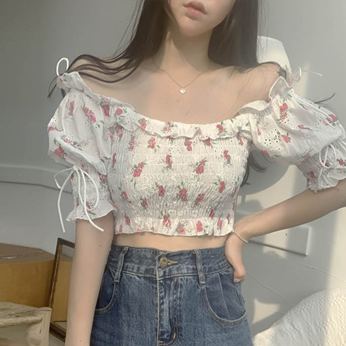 핑크꽃 여름 플라워 스모크 스트링 퍼프소매 오프숄더 크롭 블라우스 셔츠